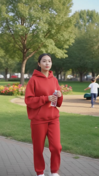 Fleece Two-Piece Tracksuit Set – Zip-Up Jacket & High-Waist Pants for Women